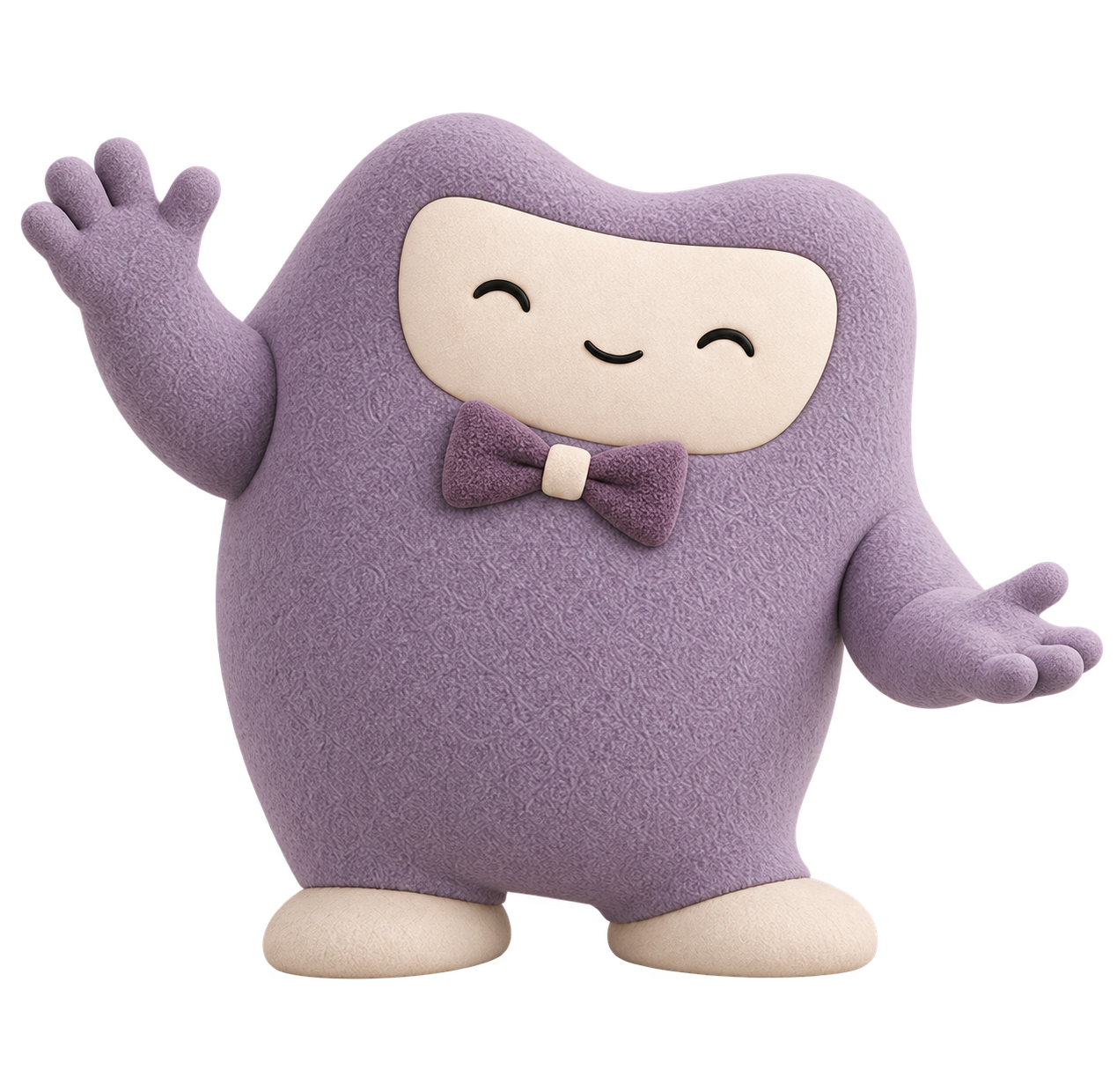 Kova anfitrión, con un lazo morado, sonríe con los ojos cerrados y te invita a crear tu web.