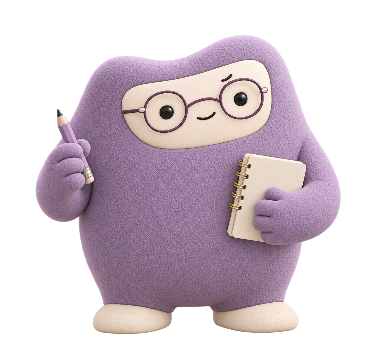 Kova organizador con lentes, un cuaderno y un lápiz.